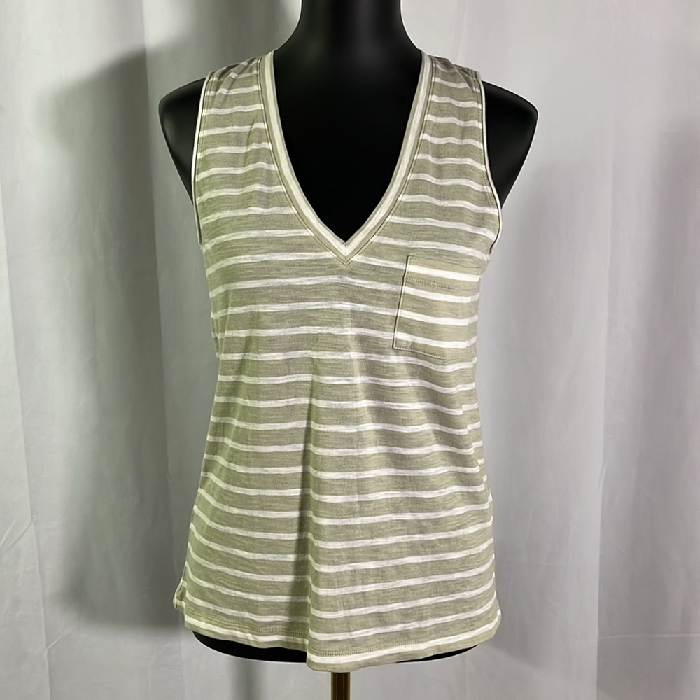 🛍 6 for $35 • Madewell Sage Green & White Striped Cotton V-Neck Tank Top
